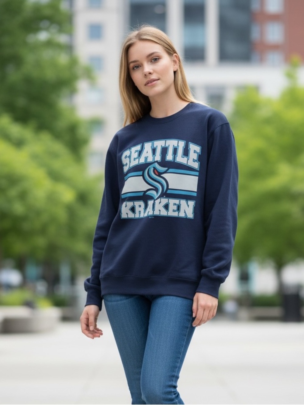 Gildan Navy Seattle Kraken Crewneck Sweatshirt with  Blue & White Logo (001)